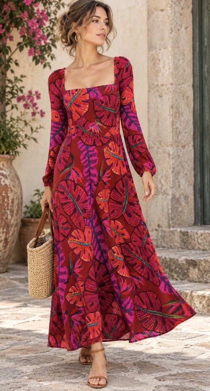 FARM Rio Floral Dress XL Red Pink Tropical Square Neck Long Sleeve Maxi